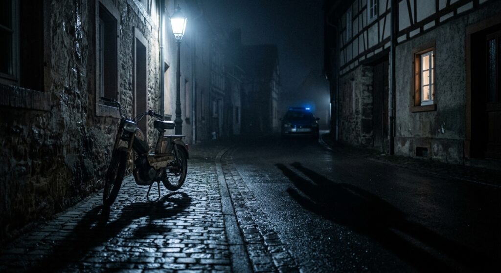 Altes Mofa an einer Hauswand in einer nächtlichen, nassen Dorfgasse, im Hintergrund ein Polizeiauto mit Blaulicht